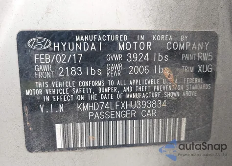 2017 Hyundai Elantra Se from USA, damaged, VIN KMHD74LFXHU393834